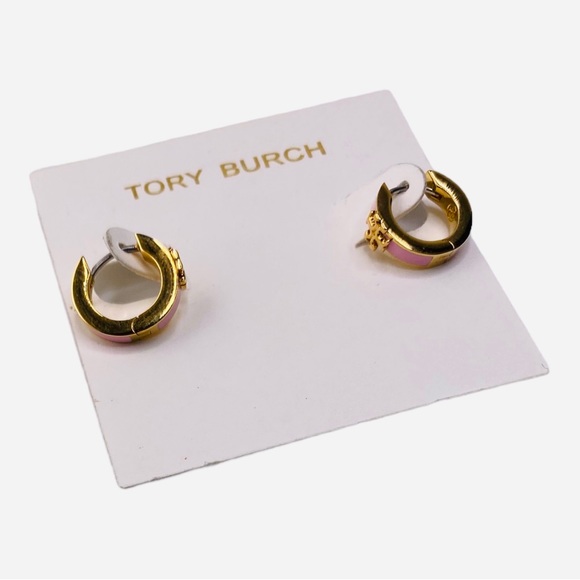 Tory Burch Earrings Pink Enamel with Logo T Hardware is 24k Gold Over Brass NWT - Picture 2 of 3